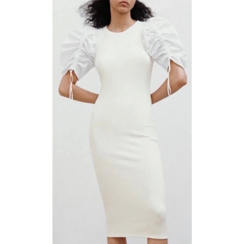 Zara ribbed midi stretch dress with white puff sleeves, size medium